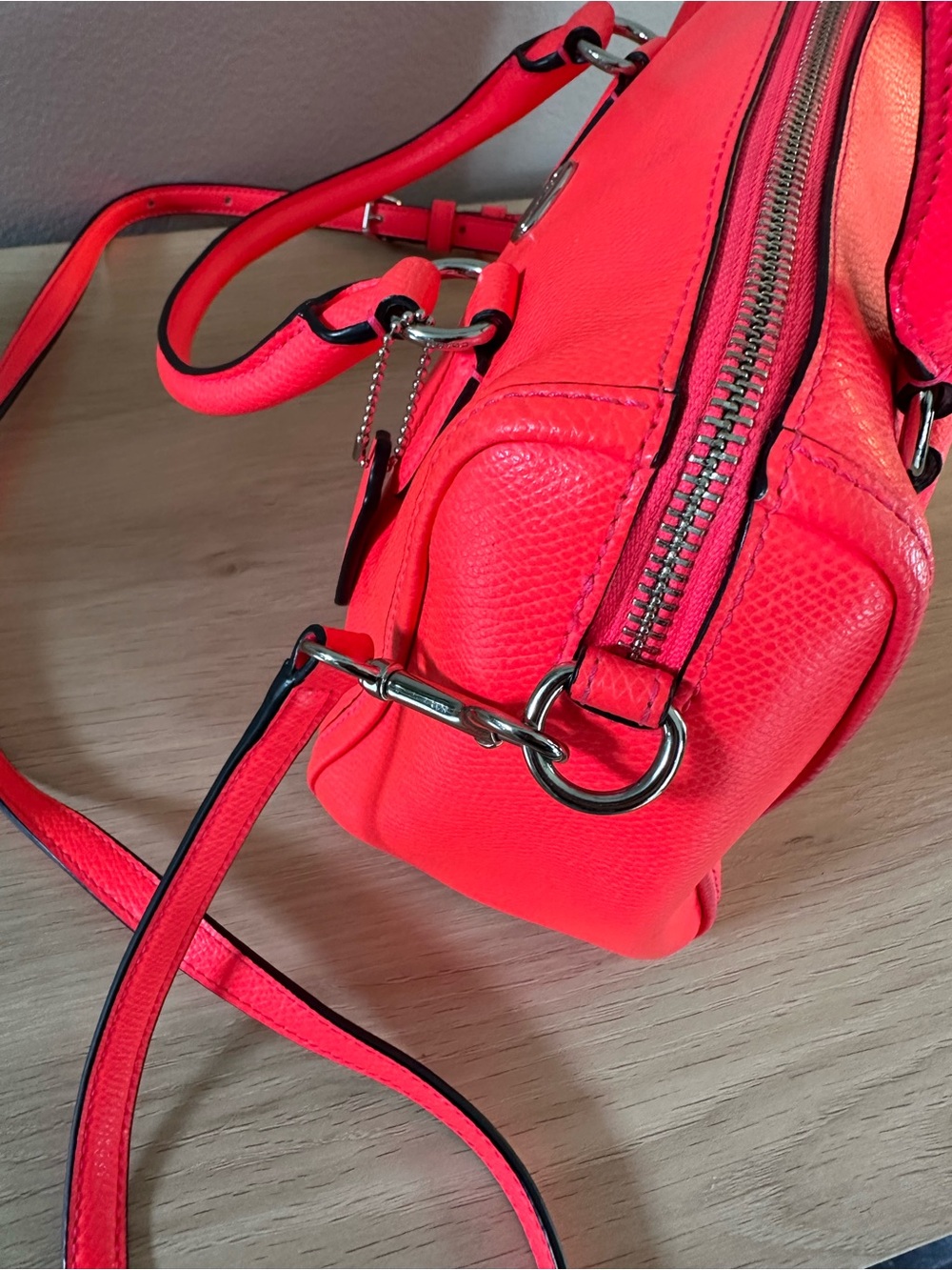 Coach Bright Neon Pink Pebbled Leather Satchel, Mini Bennett Handbag - Picture 6 of 12